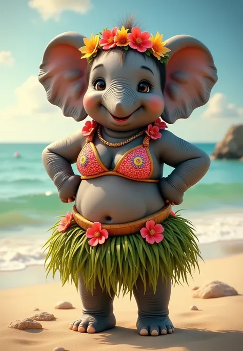 photorealistic portrait of Dressed animals - a ((fat)) (baby elephant) hula dancer,(art by Carne Griffiths),(happy smile:1.2),(), high quality,(lovely) 8hands on hips),, ((female hula dance costume)) ,highly detailed flower decorations, wearing bikini top ...