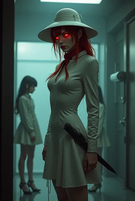 A powerful female bio-weapon character standing in a futuristic, dimly lit laboratory. She is 190 cm tall with auburn hair, not fully red, and glowing crimson eyes. She wears a white, tailored, high-collared assassin-style dress made of soft fabric, carefu...