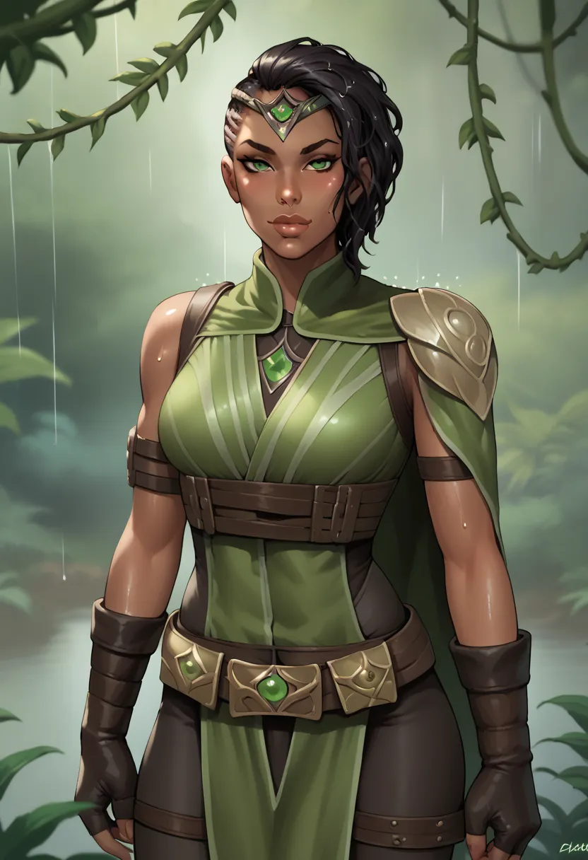 score_9, score_8_up, score_7_up, 
1girl, solo, green eyes, dark skin, black hair, sidecut, circlet, fingerless gloves, asymmetrical_hair, cornrows,
lips, blush, smirk, looking at viewer,
green outfit, armor, cape, boots, pelvic curtain, belt, 
shiny skin, ...