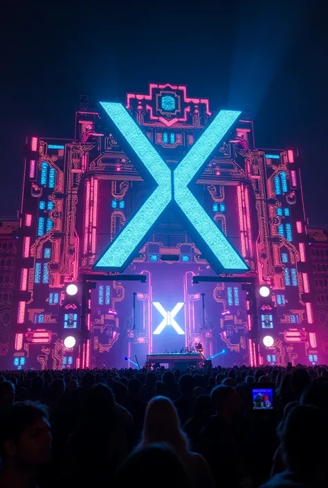 A circuit-based festival stage with the main logo in large XX beer behind the DJ set and with a crowd of people and phosphorescent lights