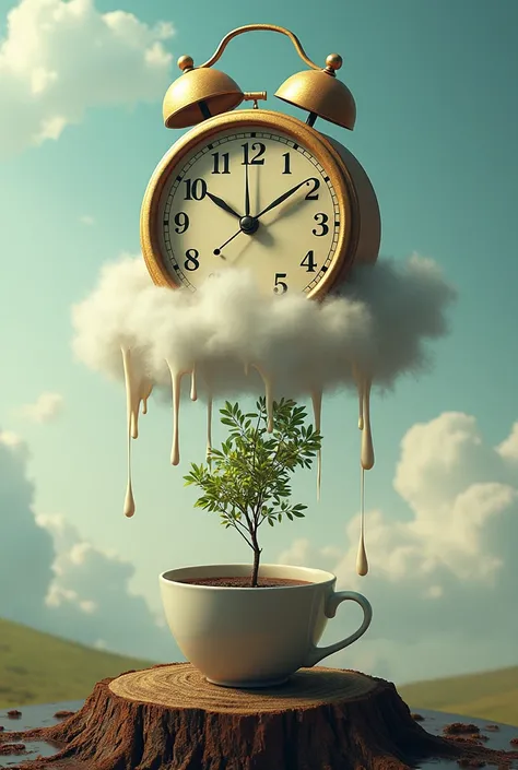 A clock on top of a cloud but let the clock melt and also a tree growing in a cup of coffee 