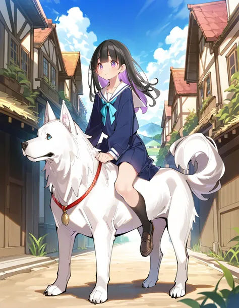 masterpiece,ultra-detailed CG illustration,top quality, best quality, popqn style, 1girl, serafuku, riding a big dog, village