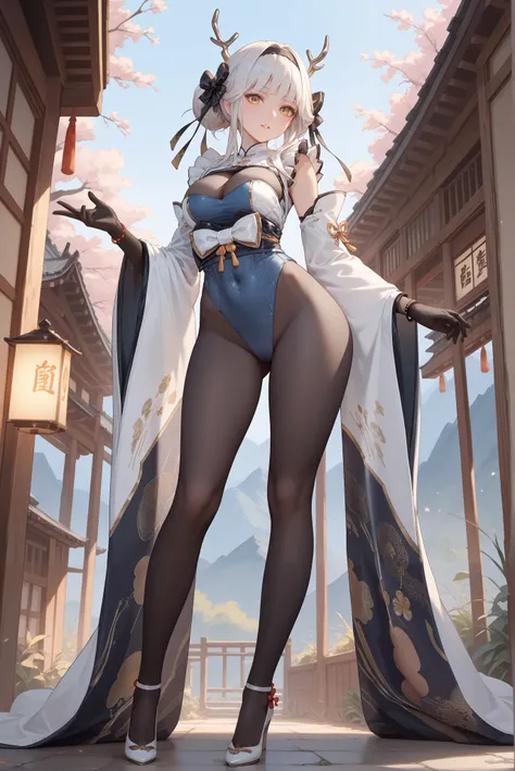 （ stands，whole body:1.7)，Whits, white hair, hair bun, hair bow, antlers, yellow eyes, frills, bodystocking, cleavage cutout, wide sleeves, japanese clothes, breasts，Ellis-Heaven,black thighhighs, hairband , bracelet,covered navel,gloves,evening gloves,blue...