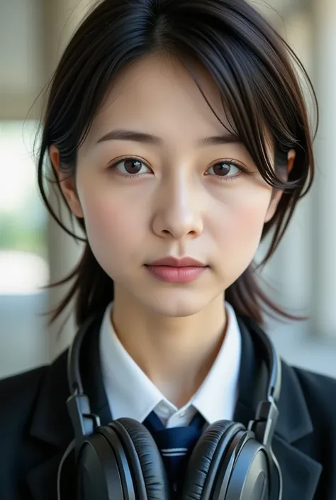  retro female student photo :1.37,  by Nomi, Beautiful Japanese woman's face, close-up:1.331,  Closeup Photos of Faces , Hang large headphones around your neck :1.5,  staring straight at the viewer :1.37,  by Nomi, 非常に by Nomiな写真,  standing,  PERFECTIVE AN...