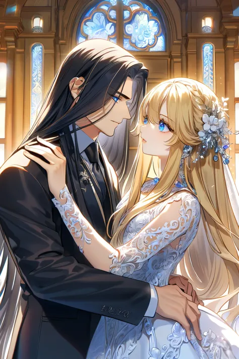 absurdres, highres, ultra detailed, HDR, master 
, best quality, delicated features, couples,male character and female character,looking at each other, hug, short hair girl with long hair boy

- Male character: very long black hair, handsome , black formal...