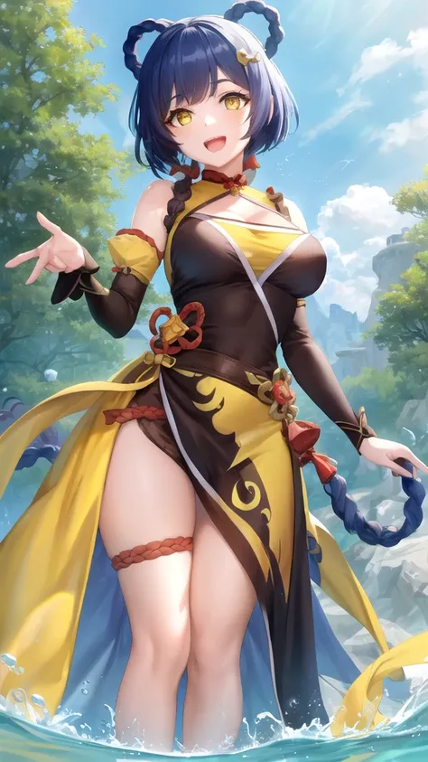 Masterpieces, Best Quality, girl, looking at viewer, genshinxiangling, xiangling, blue hair, braid, braided hair rings, hair ornament, hair rings, hairclip, (yellow eyes:1.5), large breasts, princess connect Re:Dive cosplay, princess Dress, standing, smile...