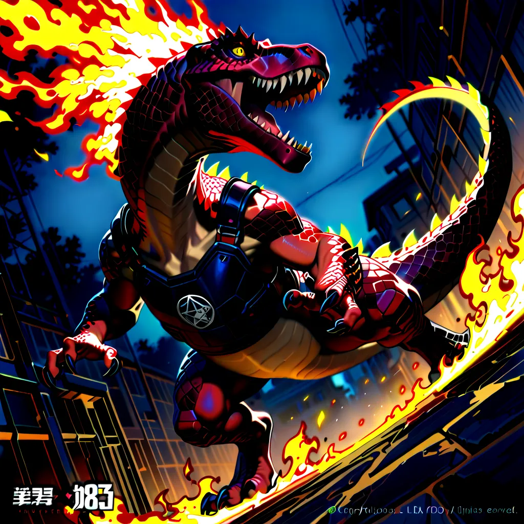 ((Masterpiece, top quality, high resolution)), ((highly detailed CG unified 8K wallpaper)), red Dinosaur, Detailed scales and claws covered with armor-like scales, A ferocious pattern in black and red, A symbol of fire and destruction, wide angle dynamic a...