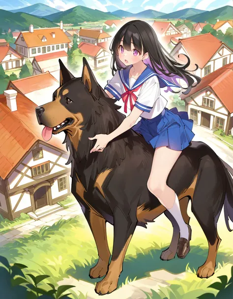 masterpiece,ultra-detailed CG illustration,top quality, best quality, popqn style, 1girl, serafuku, riding a big dog, village