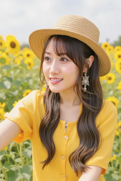 "A cute woman wearing a yellow dress and a straw hat, standing in a sunflower field. The scene is bright and cheerful, with the sunflowers surrounding her and the sky above filled with soft clouds. The woman has a happy expression, and the golden sunlight ...