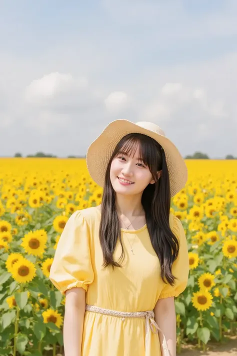 "A cute woman wearing a yellow dress and a straw hat, standing in a sunflower field. The scene is bright and cheerful, with the sunflowers surrounding her and the sky above filled with soft clouds. The woman has a happy expression, and the golden sunlight ...