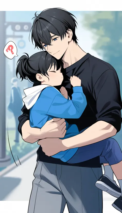 a ((dad)) carrying his (baby daughter) over his shoulders,score_9_up, score_8_up, masterpiece, best quality, (within frame)