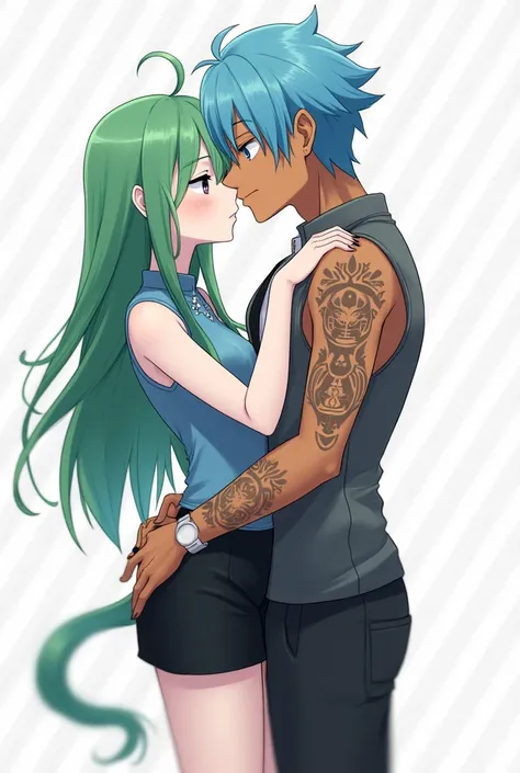 Create a 2d anime-like image of a couple of boys, The first character is a girl with long green hair,  he has black eyes,  has white skin with a black mini skirt and a short blue blouse,  the second character has sky blue hair ,  with blue eyes, She has ta...