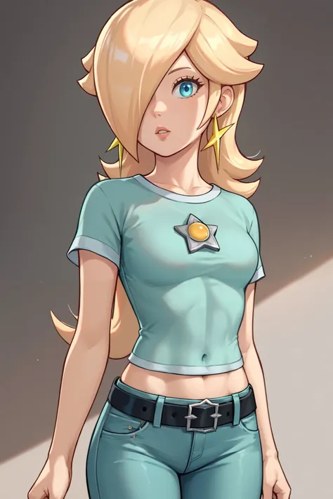 score_9, score_8_up, score_7_up, source_anime, rosalina, blonde hair, blue eyes, hair over one eye, long hair, star earrings, solo, cowboy shot, black t-shirt, taut clothes, tight shirt, midriff, navel, jeans, black belt, parted lips