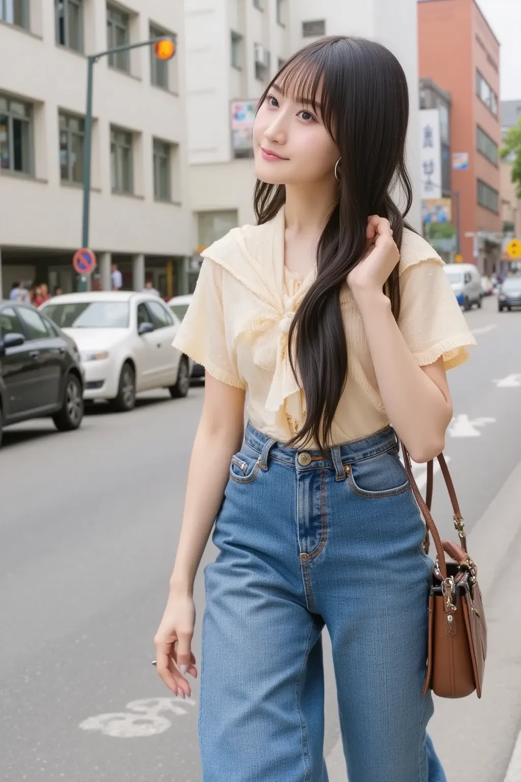 "A Japanese woman walking on a crosswalk in a bustling urban setting. She is wearing casual but stylish clothes, like a light-colored blouse and jeans, with a small handbag. The scene captures the busy city atmosphere, with cars in the background and build...