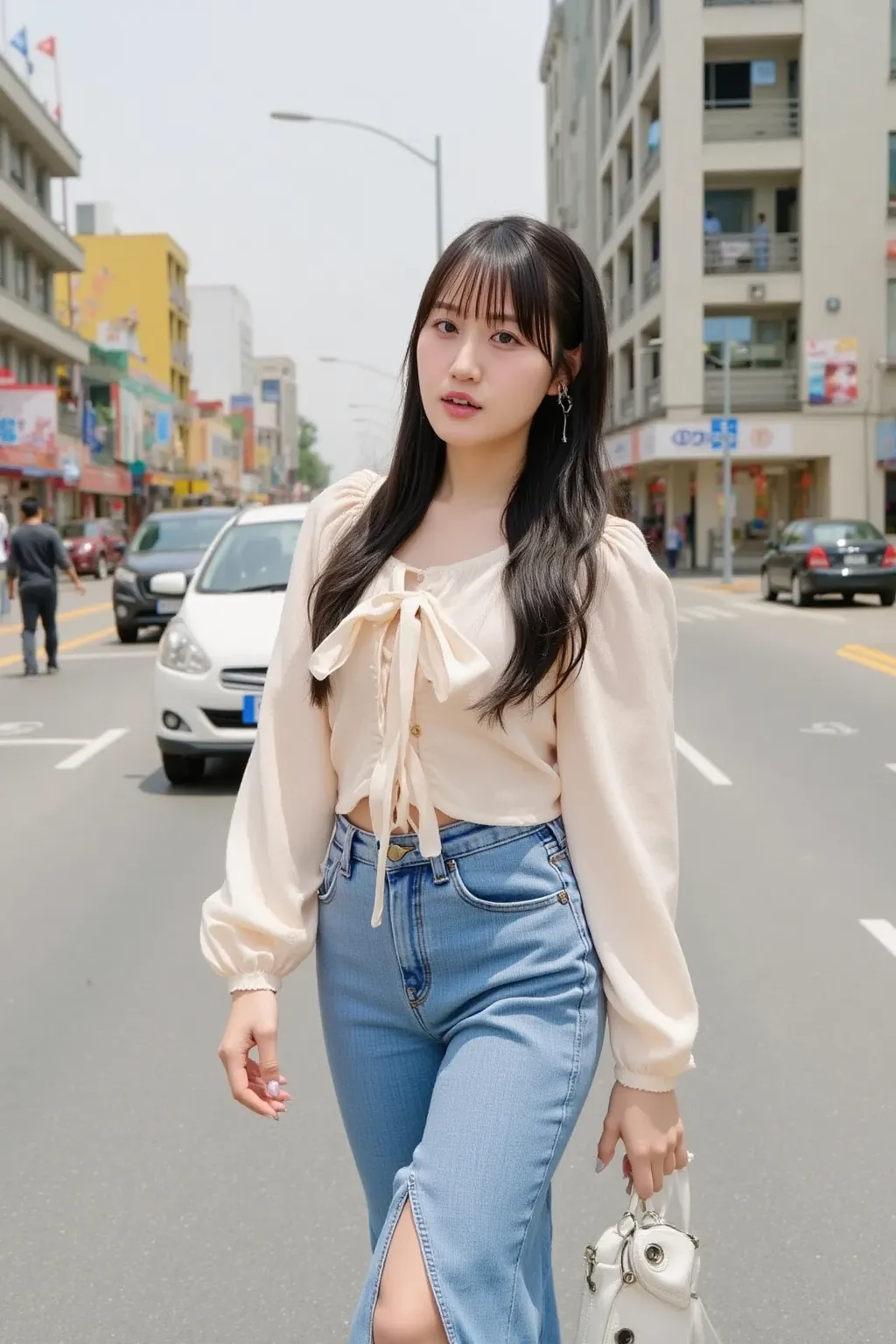 "A Japanese woman walking on a crosswalk in a bustling urban setting. She is wearing casual but stylish clothes, like a light-colored blouse and jeans, with a small handbag. The scene captures the busy city atmosphere, with cars in the background and build...