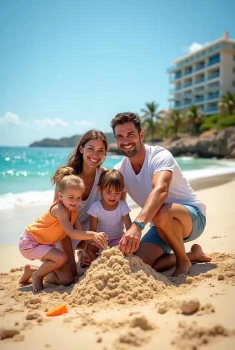 Bright,  colorful photo of a happy family with the sea and hotel in the background.
s playing in the sand ,  parents smile .)