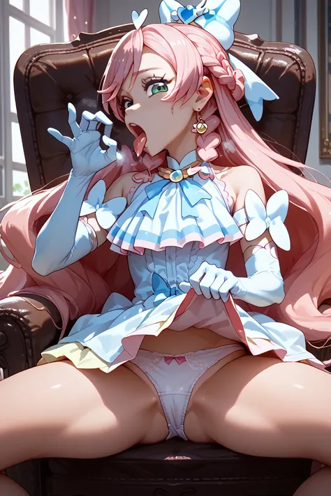 fellatio gesture,cure prism,breathing,  (turning her face to the right),pink hair,white and blue stripe panties,skirt lift,chair,(Spread her legs),(panties aside)