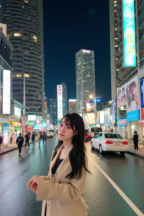 "A Japanese woman standing on a busy street corner in Tokyo, waiting for a taxi. She is wearing a stylish coat and holding a small purse, looking at the road with a calm yet expectant expression. The neon lights of Tokyo's bustling streets illuminate the s...