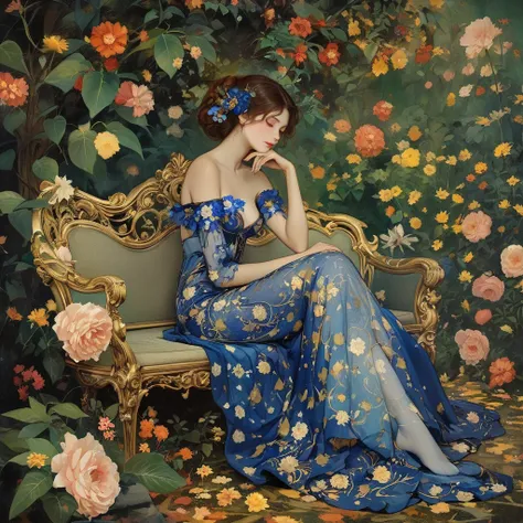 Beautiful stunning maiden in blue floral gown reclining in and detailed adorned gold lounger. Sitting in a mist of a fanciful garden.  Painting style by Gustav Klimt, vibrant expertly painted 