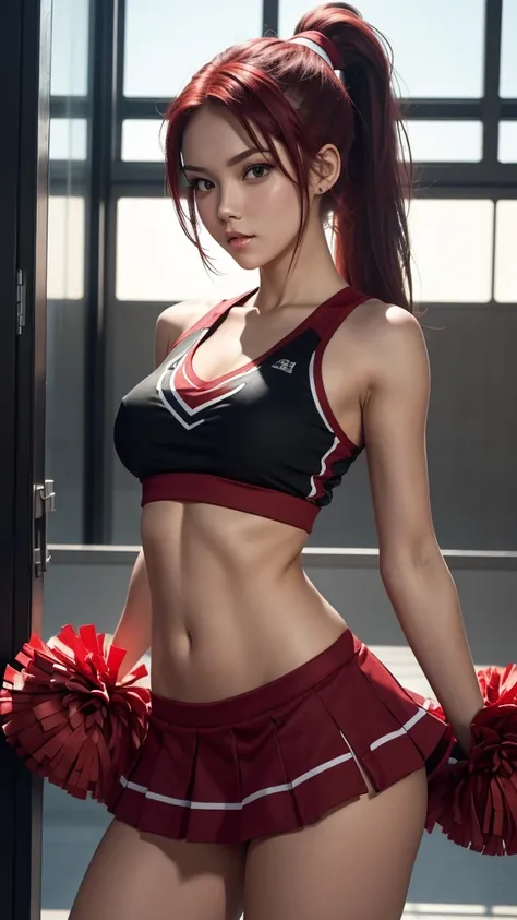 NSFW, college cheerleader, no panties, up skirt, jumping, slim body, black and red hair, bushy ponytail, tight top, hardened nipples, masterpiece quality, 8k resolution.