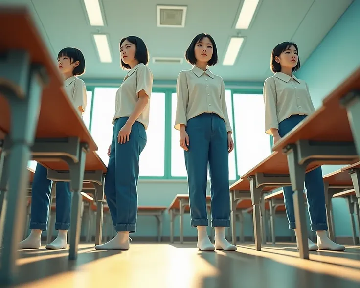 Low Angle of View，Bright and spacious classrooms，4 Chinese girls, , stylish, short hair, cute, beautiful expressions, painful expressions，Wear dark blue low-rise loose fit denim pants，34 size small foot ， wear pure white cotton socks ，Pure white cotton soc...