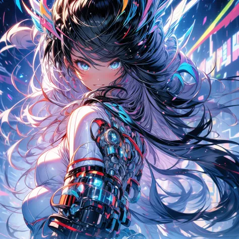 anime girl, long black hair, cool pose, attacking with high-tech sword, holographic swords, floating in a circle, complex components, white cyberpunk environment, holographic elements, light particles, futuristic fantasy aesthetics, highest quality, purity...