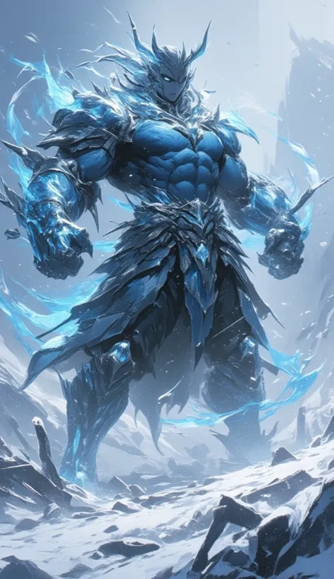 a powerful winter warrior, icy aura, chiseled physique, battle the elements, detailed muscular body, piercing eyes, snow-covered landscape, howling wind, snowflakes, dramatic lighting, cinematic composition, digital art, octane render, unreal engine, hyper...