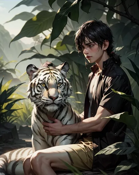 A very realistic photo of an Indian boy with straight hair crying, lost in the jungle, with a white tiger looking on concerned 