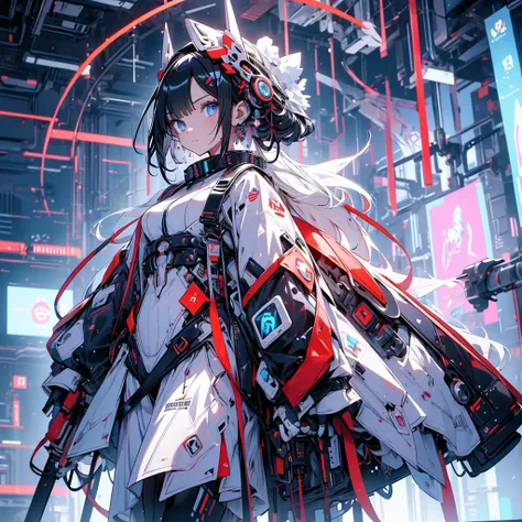 anime girl, long black hair, cool pose, attacking with high-tech sword, holographic swords, floating in a circle, complex components, white cyberpunk environment, holographic elements, light particles, futuristic fantasy aesthetics, highest quality, purity...