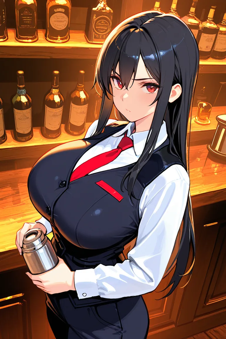 8k,masterpiece, best quality, ultra detailed, high resolution, super fine illustration, 1girl, solo, cool,red eyes, black hair, long hair, hair between eyes, sidelocks, huge breasts, bartender uniform, collared shirts,long sleeves,necktie,vest,pants,standi...