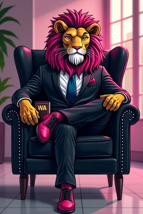  black and pink lion with black designed in street graffiti style smiling with black suit and navy blue tie sitting in a black armchair,  with crossed legs, shoes black with gold and  (bible in hand) Cartoon style with a logo big brand brings back with ini...