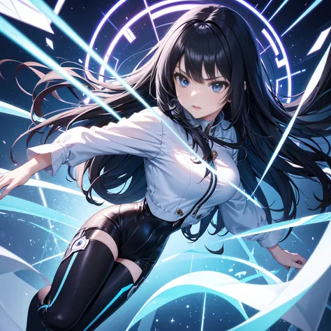 anime girl, long black hair, cool pose, attacking with high-tech sword, holographic swords, floating in a circle, complex components, white cyberpunk environment, holographic elements, light particles, futuristic fantasy aesthetics, highest quality, purity...