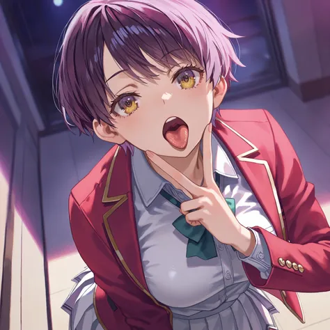 (kayano onodera:1.2) ,  purple hair ,very short hair ,yellow eyes, large_breasts,   red jacket, school uniform, white skirt, pleated skirt, open clothes, 
(happoubi jin:0.8),, by fuzichoco, by lam, by kinta \(distortion\), by lack, by quasarcake, by 159cm,...