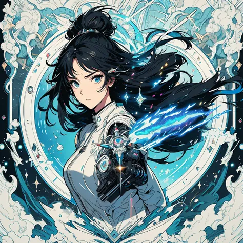 anime girl, long black hair, cool pose, attacking with high-tech sword, holographic swords, floating in a circle, complex components, white cyberpunk environment, holographic elements, light particles, futuristic fantasy aesthetics, highest quality, purity...