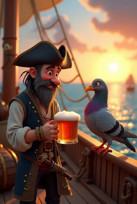 Create a video of a pirate and a pigeon drinking beer 