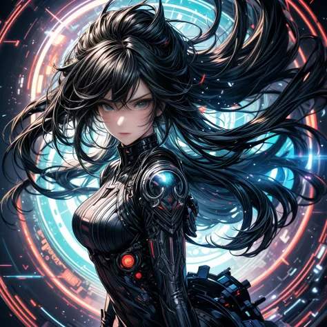 anime girl, long black hair, cool pose, attacking with high-tech sword, holographic swords, floating in a circle, complex components, white cyberpunk environment, holographic elements, light particles, futuristic fantasy aesthetics, highest quality, purity...