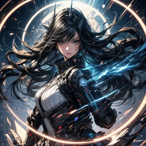 anime girl, long black hair, cool pose, attacking with high-tech sword, holographic swords, floating in a circle, complex components, white cyberpunk environment, holographic elements, light particles, futuristic fantasy aesthetics, highest quality, purity...