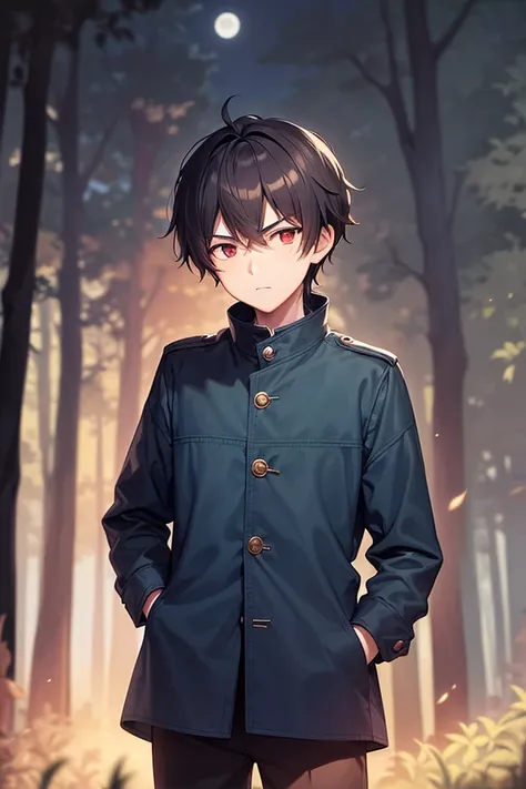 15-year-old boy ,  a little handsome ,  red eyes,  in the forest at night ,  forest with mysterious aura,  dark jacket and blue ,  Full Moon,  serious expression, front body. 