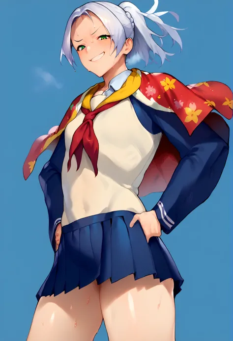 score_9, score_8_up, score_7_up, score_6_up, score_5_up, score_4_up, source_anime,
1girl, solo,
green eyes, ponytail, white hair, detached sleeves, parted bangs, (high heels:0.8), blue and red floral print cape, kiseru, 
sweat, blush, shiny skin, school un...