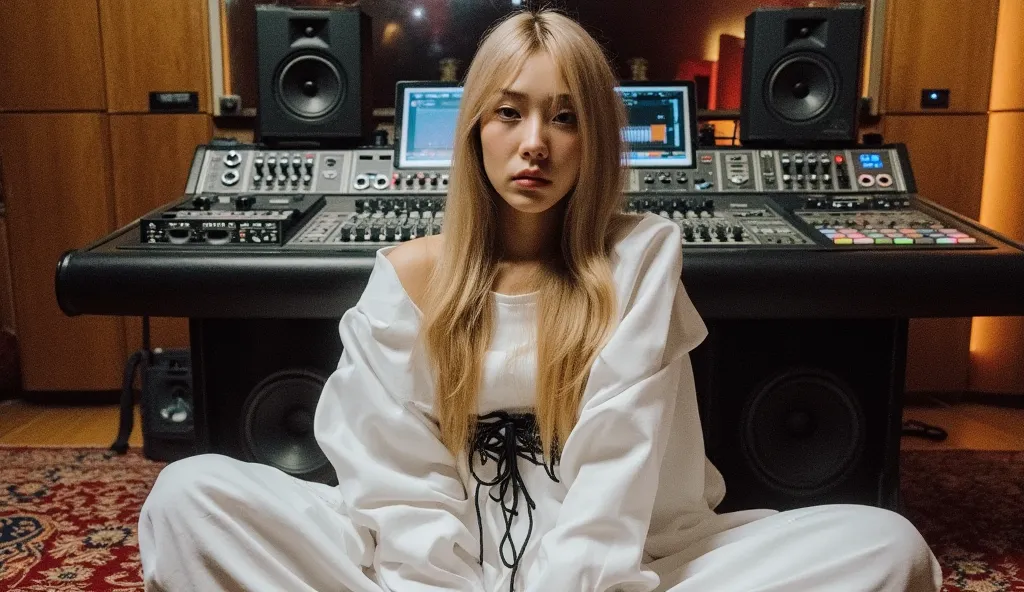 A high-fashion female model with long, platinum blonde hair and porcelain skin sits elegantly against a massive audio mixing console in a professional recording studio. She wears a surreal white gown with voluminous, cloud-like fabric, cinched with thick b...