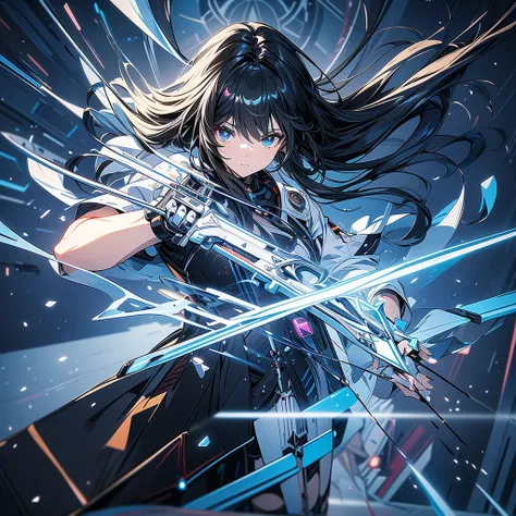 anime girl, long black hair, cool pose, attacking with high-tech sword, holographic swords, floating in a circle, complex components, white cyberpunk environment, holographic elements, light particles, futuristic fantasy aesthetics, highest quality, purity...