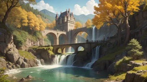  A castle that serves as a place for dragons to perch on such an expansive landscape of yellow trees and waterfalls, bridges that connect the waters with nature 