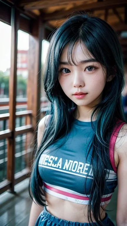 Asian girl with long blue hair cheerleader 