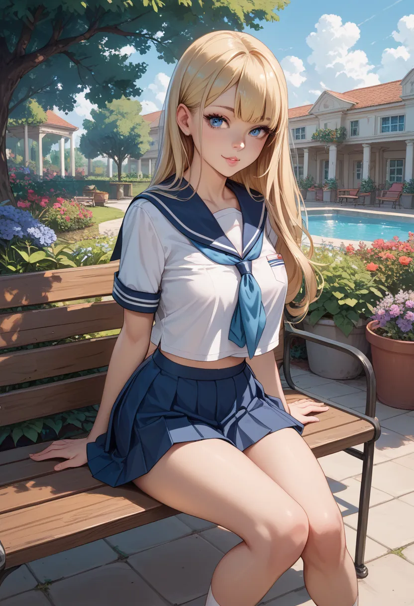   popup， high school girl, uniform,   1 girl， blonde hair,  blue eyes,  sailor suit,  thighs，Bare legs，knees，whole body， sitting on a chair，girl sitting， bench facing the front，School，outside，garden， short skirt，Muscle Exposure， beautiful girl，