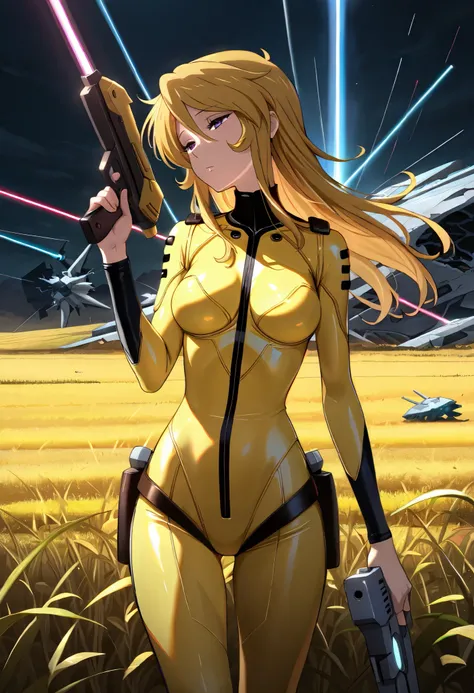 (masterpiece, best quality), , 1girl, fyuk1, solo, mori yuki, blonde hair, purple eyes, half-closed  eyes, long hair, yellow_bodysuit , looking away,head tilt, broken spacecraft, outdoor, field,  standing, hand up, laser gun,  holding gun,dark lighting,