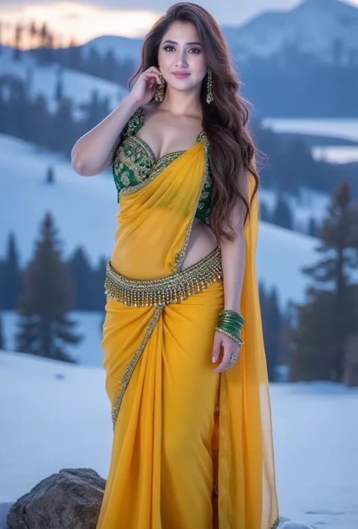 Innocent women in yellow transparent saree, topless , 36DD size big breast, tits visible through slightly, full face , cleavage boobs, open cup breasts , low waist navel visible,  princess , teasing, low waist belly  navel, with jewellery , open thighs vis...