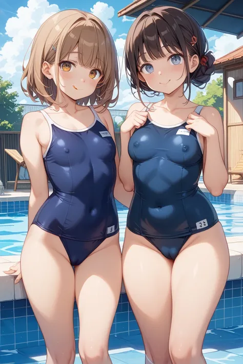  middle school student、Young、Normal girl、Belly button、Seductive look、 on the buttocks、 big butt、 small tits、It's plump and soft、　、Unclassed、Pool lessons、Beautiful pool、New Construction、 2 girls、 school swimsuit on tongue、Comparing breast sizes、、Being sensi...