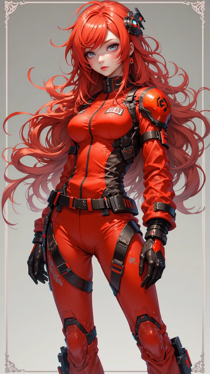  A high-quality digital painting in 4K animation style ， depicts a fiery red girl Asuka Langley Soryu ，Bright blue eyes 。 She wears the iconic red jumpsuit with black trim， Standing tall ，Full of confidence。