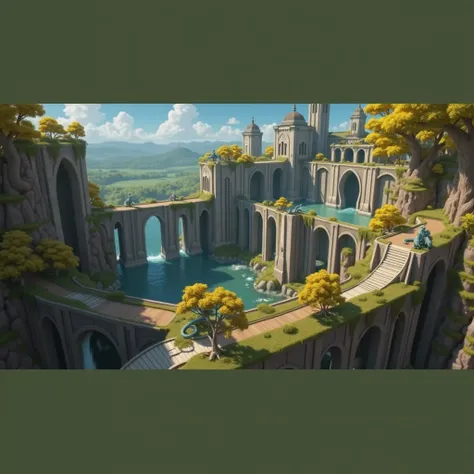 A arched castle with a Jade roof, dragons perch on it so sprawling against a panorama of yellow trees and waterfalls., bridges that connect the waters with nature , surreal beauty of majestic  