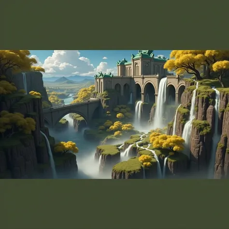 A arched castle with a Jade roof, dragons perch on it so sprawling against a panorama of yellow trees and waterfalls., bridges that connect the waters with nature , surreal beauty of majestic  